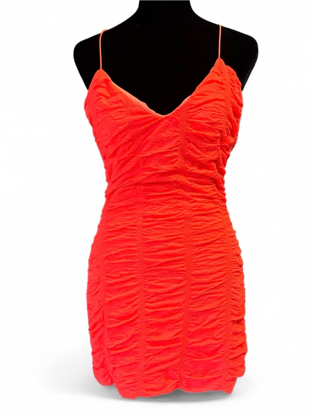 Windsor Neon Orange Ruched Mini Dress L,With Spaghetti Straps Sleeves V Neck NWT